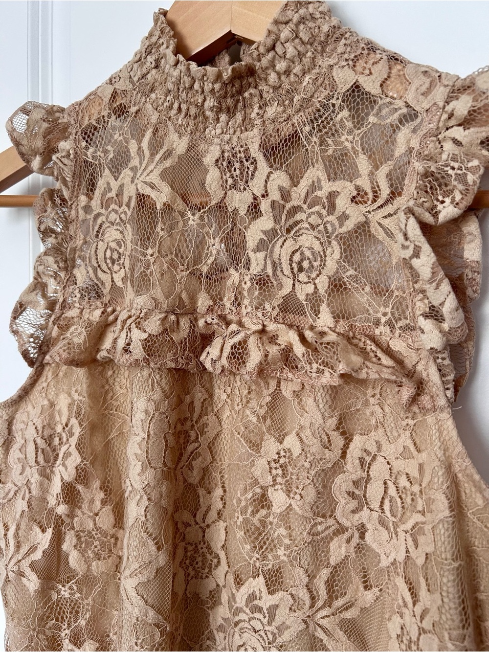 bleuh ciel Tan Floral Lace Ruffle High-Neck Top